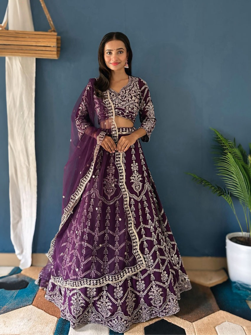 Deep Purple Faux Georgette Lehanga Suit