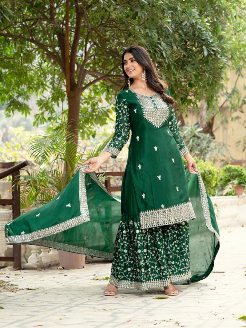 Ethnic Elegant Green Embroidered Chinnon Sharara Suit 