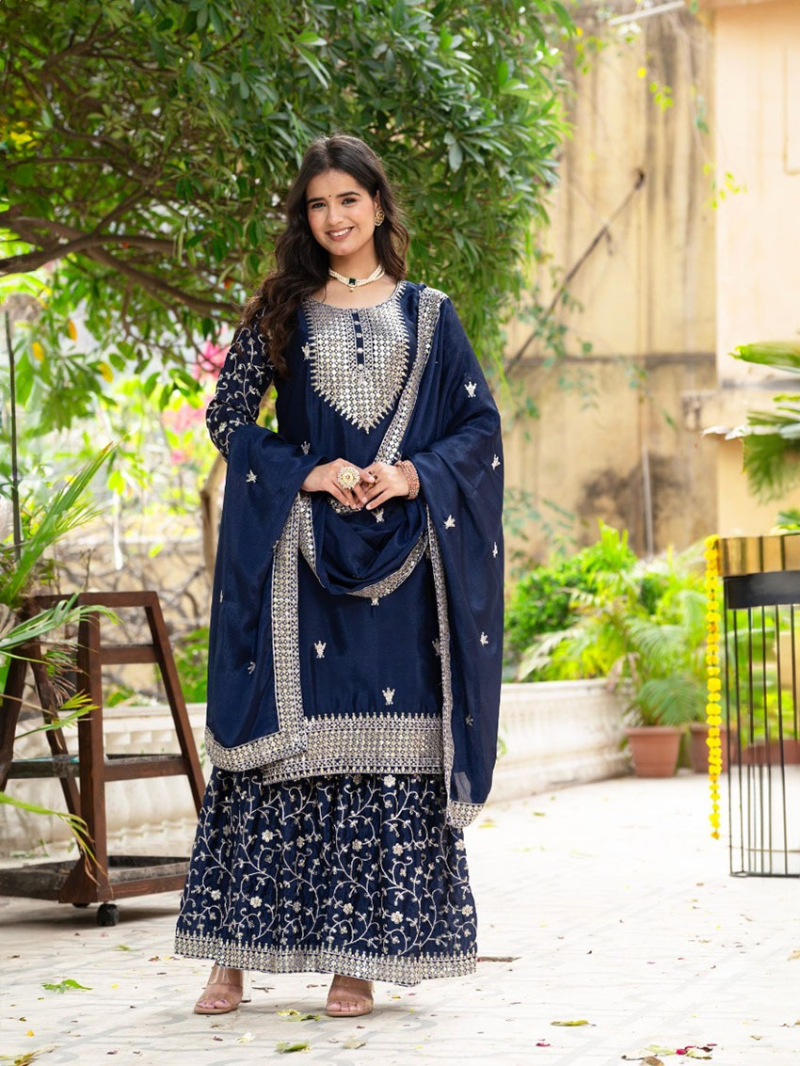 Ethnic Traditional Navy Blue Mirror Embroidered Chinnon Sharara Suit