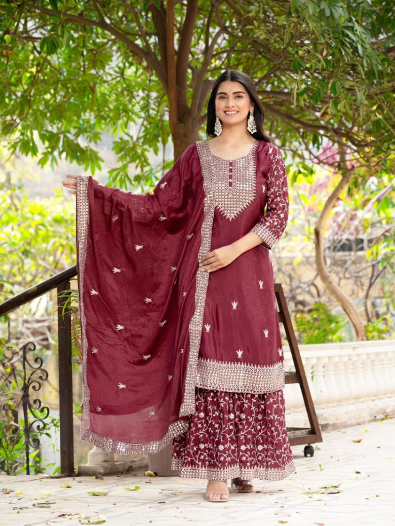 Traditional Elegant Maroon Chinnon Silk Sharara Suit