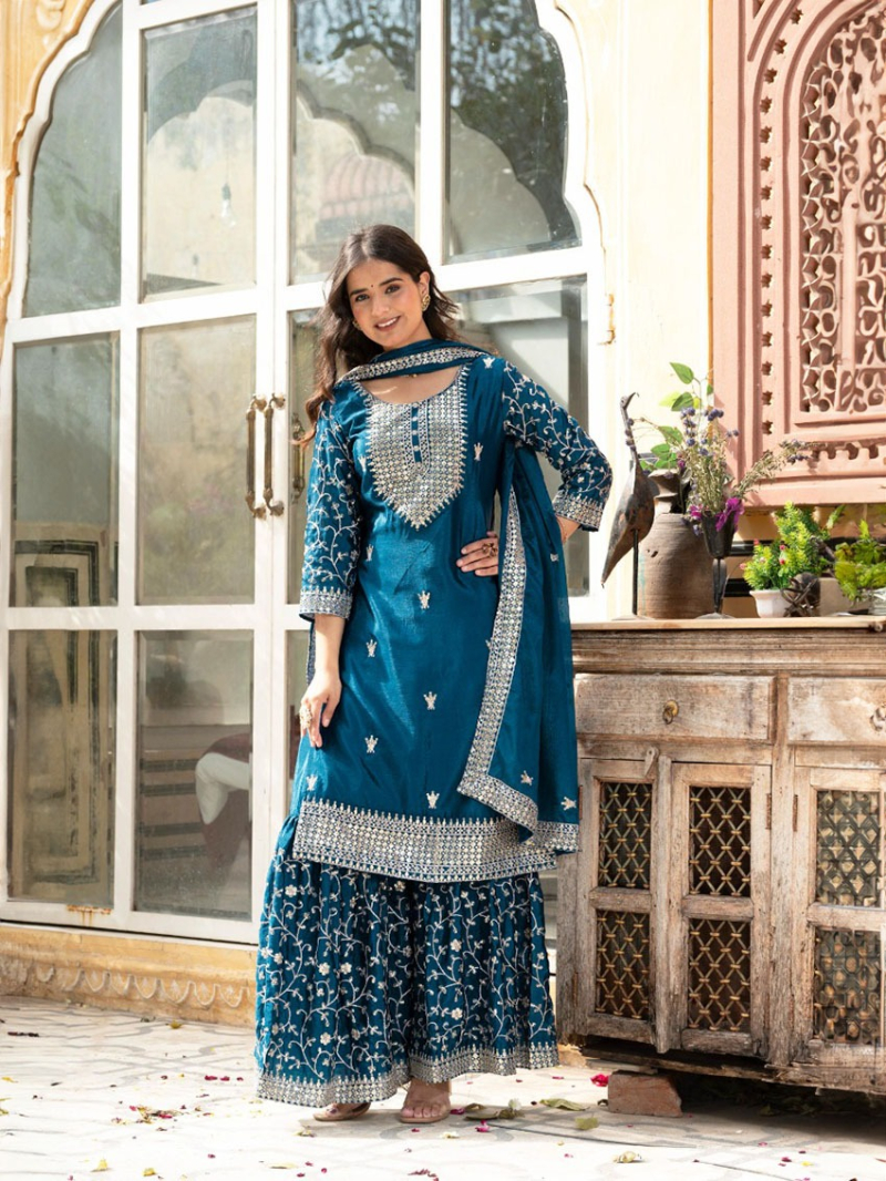 Authnic Elegant Teal Blue Chinnon Embroidered Sharara Suit