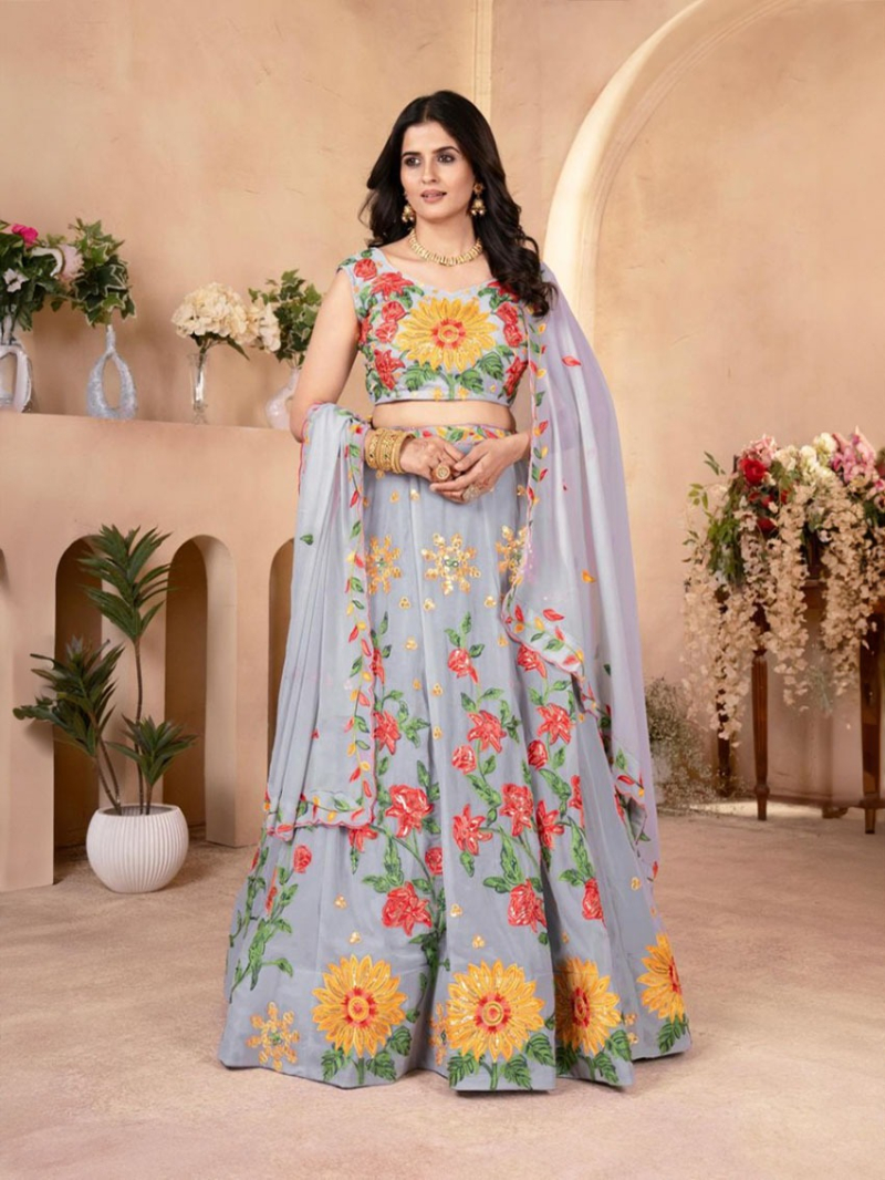 Authentic Faux Georgette Grey Lehanga Suit