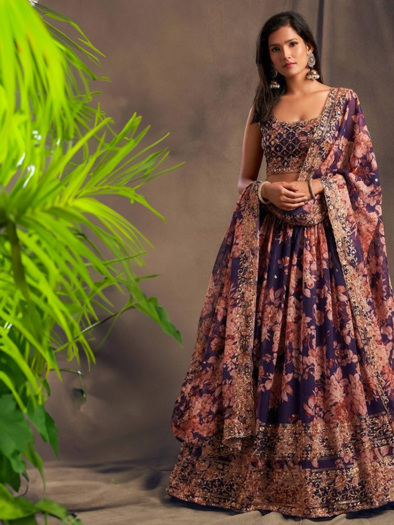 Elegant Festive Purple Floral Embroidered Faux Georgette Lehanga Suit