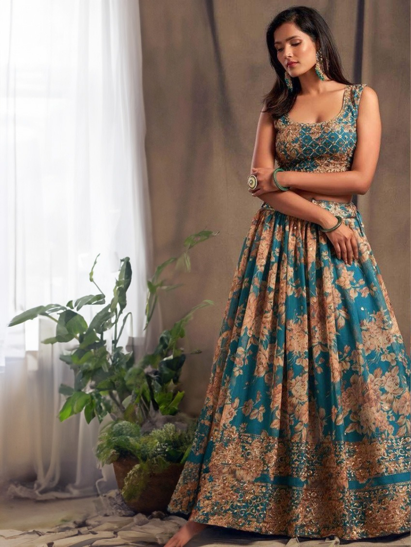 Elegant Teal Green Floral Embroidered Lehanga Suit
