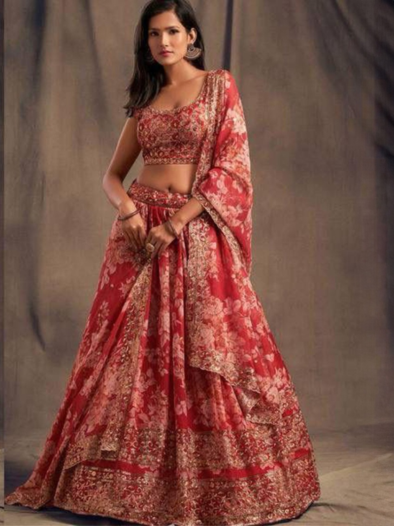 Ethnic Festive Crimson Red Floral Embroidered Lehanga Suit