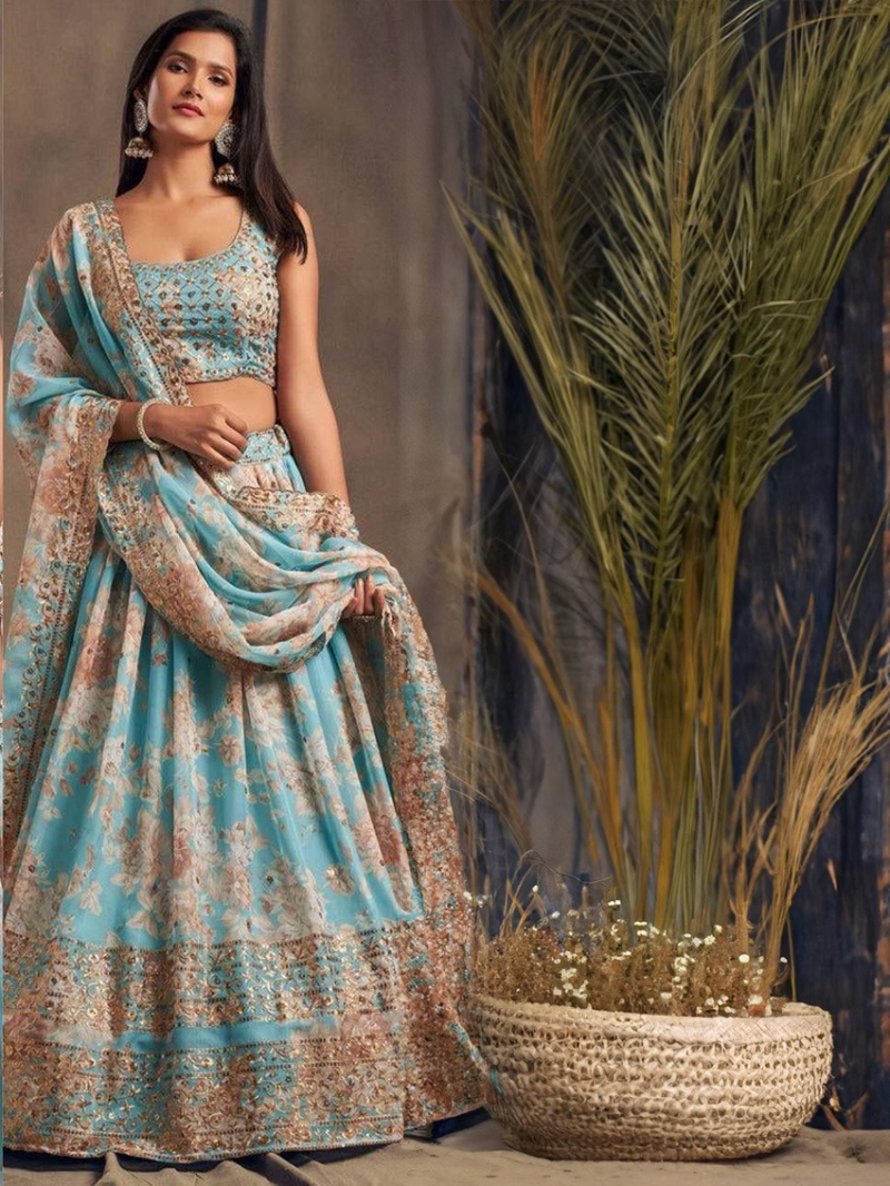 Elegant Festive Aqua Blue Floral Embroidered Lehanga Suit