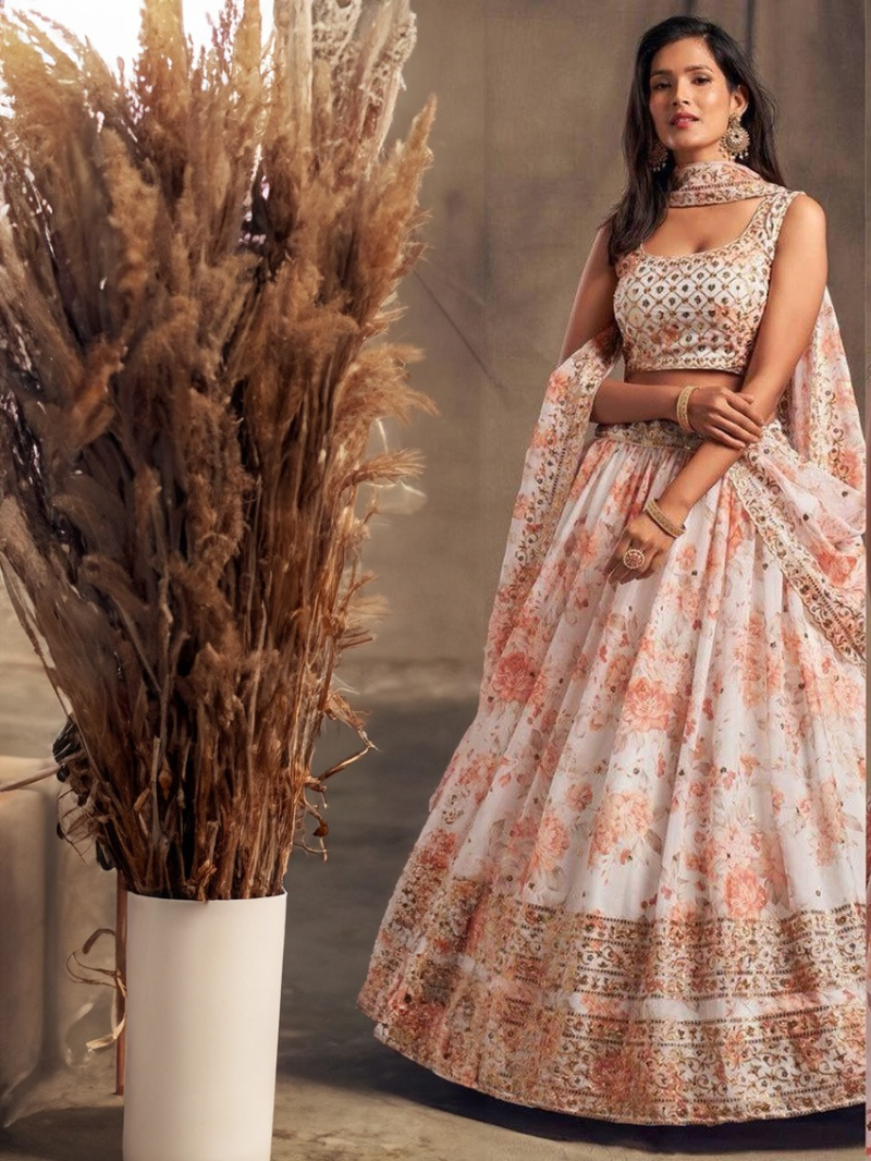 Elegant Ethnic Ivory Peach Floral Printed Lehanga Suit