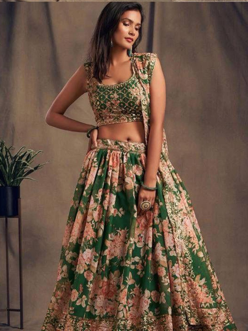 Ethnic Deep Emerald Green Floral Printed Lehanga Suit