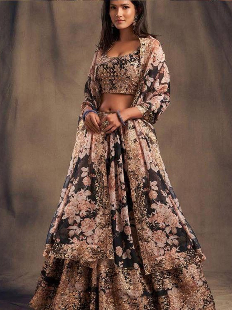 Elegant Ethnic Festive Black Floral Printed Lehanga Suit