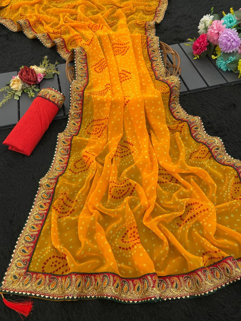 Traditional  Mango Yellow Bandhani Viscose Georgette Saree