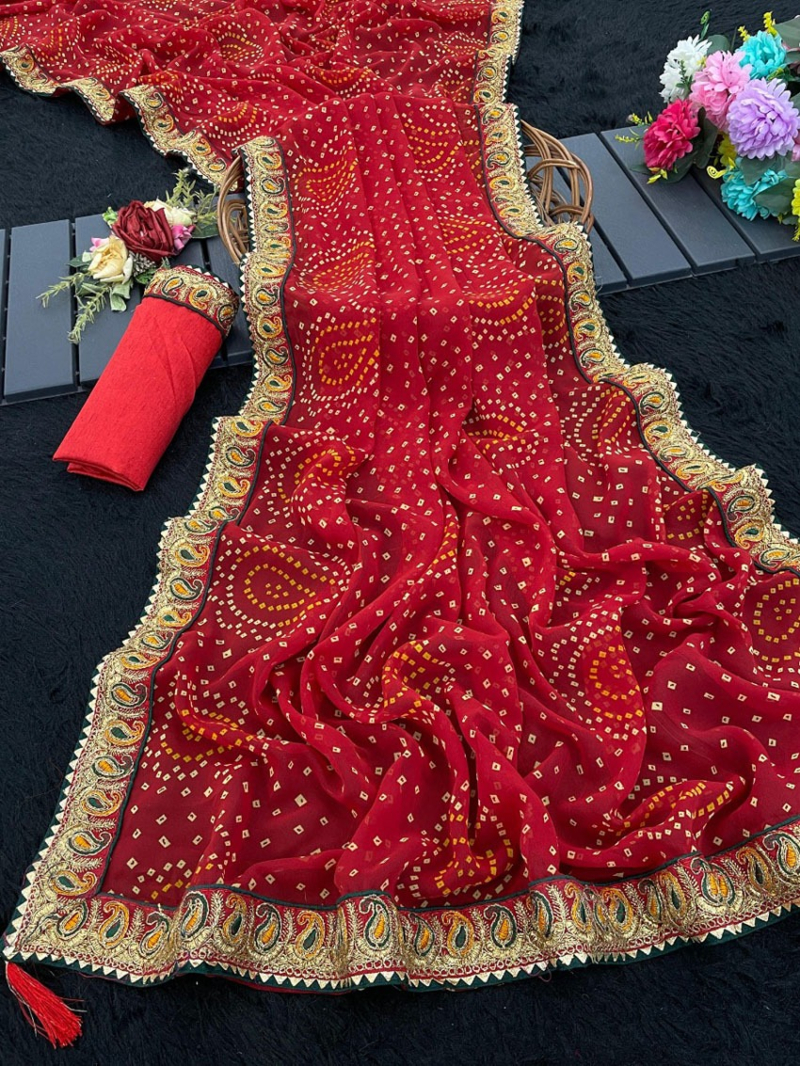 Traditional Festive Royal Red Bandhani Viscose Georgette Saree