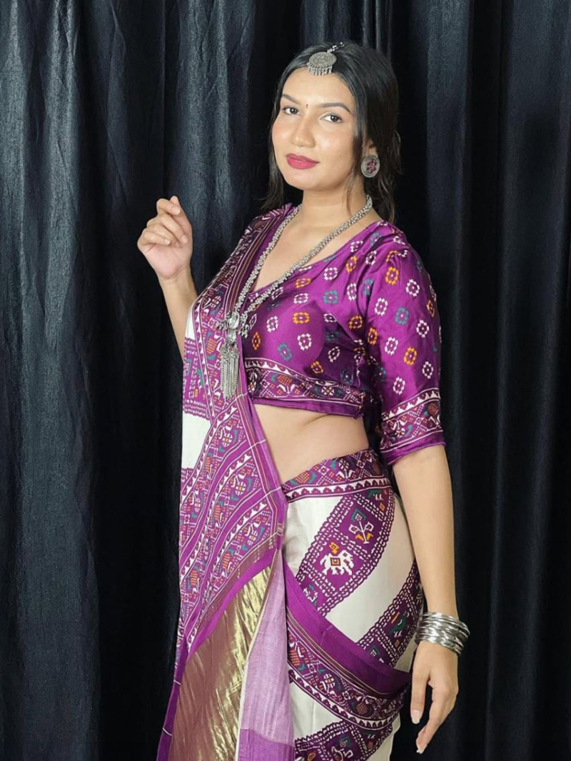 Ethnic Elegant Traditional Purple & white Pure Gajji Silk Bandhej Saree 