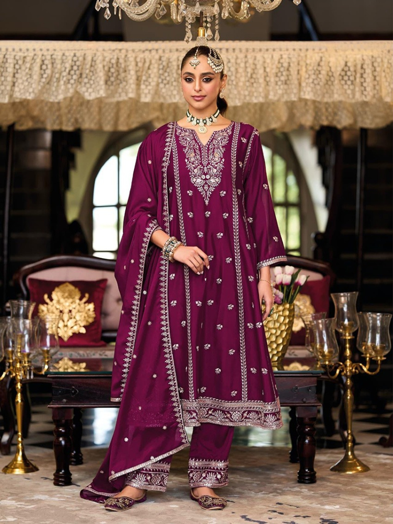 Ethnic Traditional Festive Wine Chinnon Silk Anarkali Suit