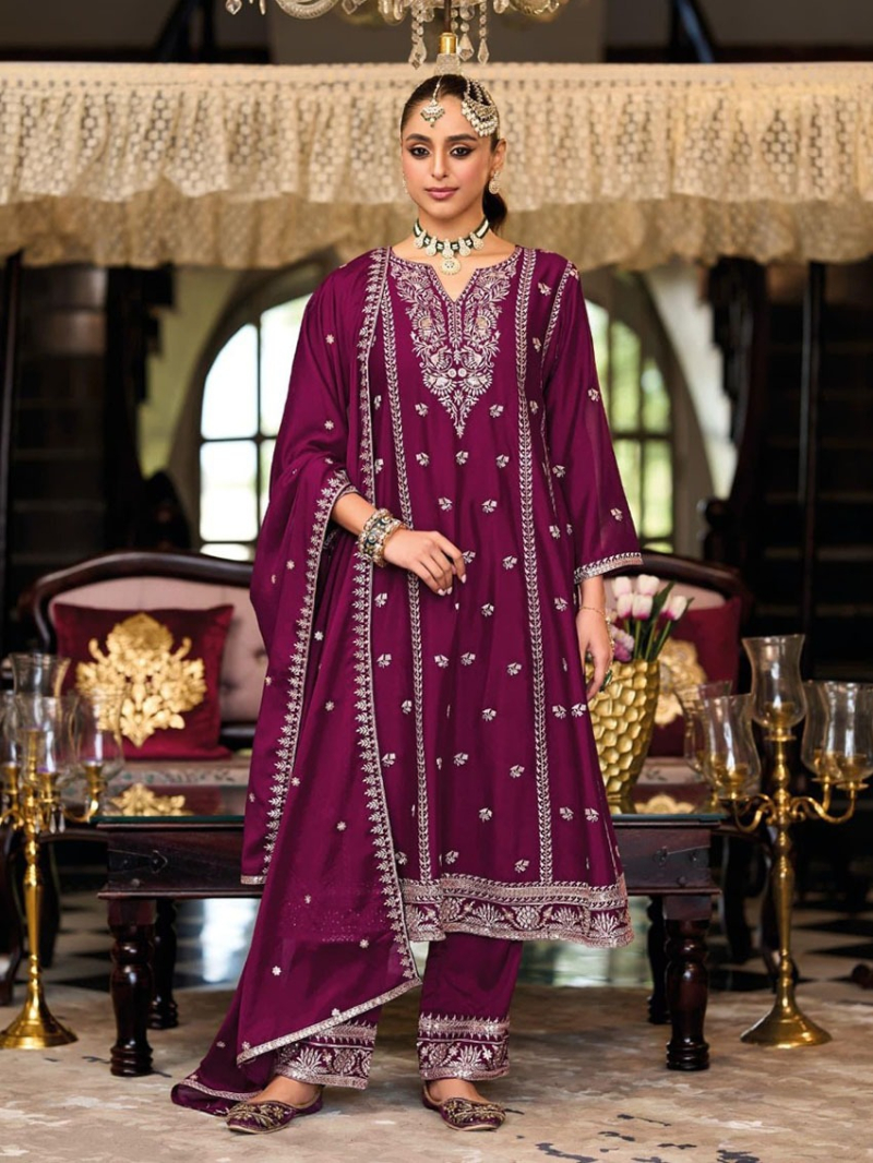 Ethnic Traditional Wine Chinnon Embroidered Straight Suit