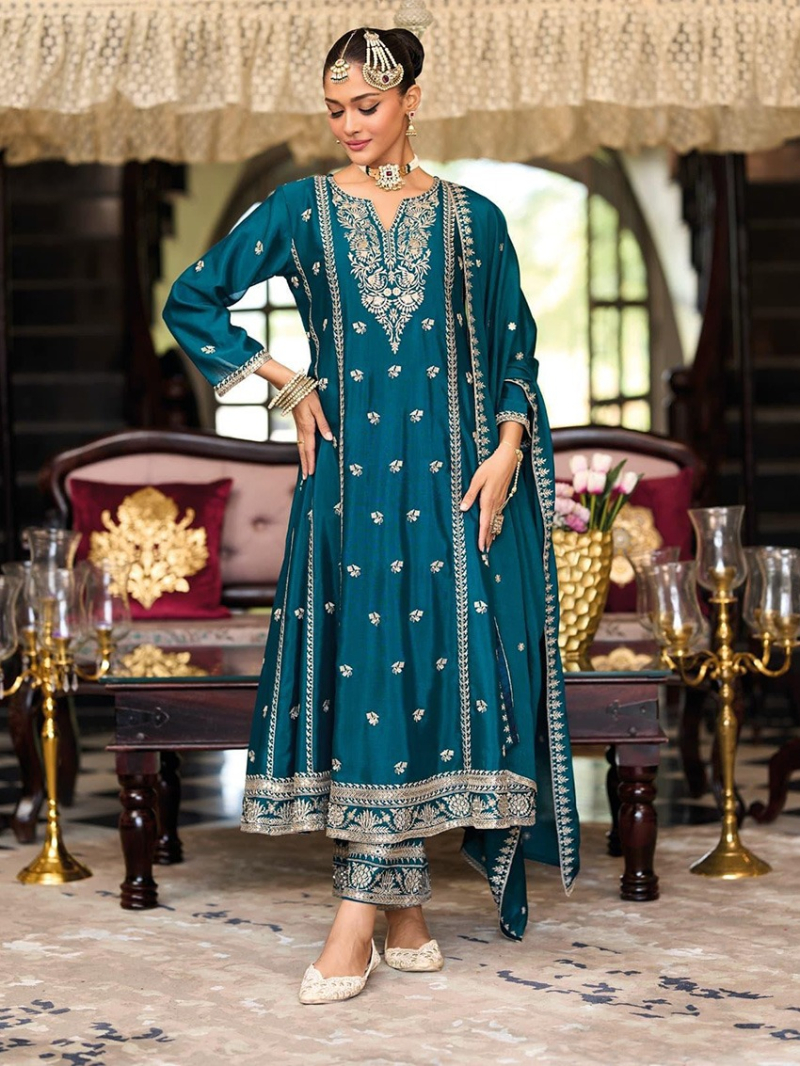Ethnic Festive Teal Blue Chinnon Silk Anarkali Suit