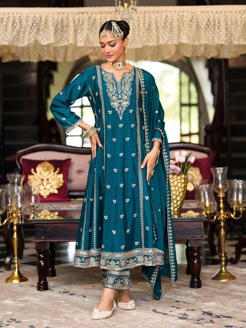 Elegant Ethnic Traditional Teal Blue Chinnon Embroidered Straight Suit