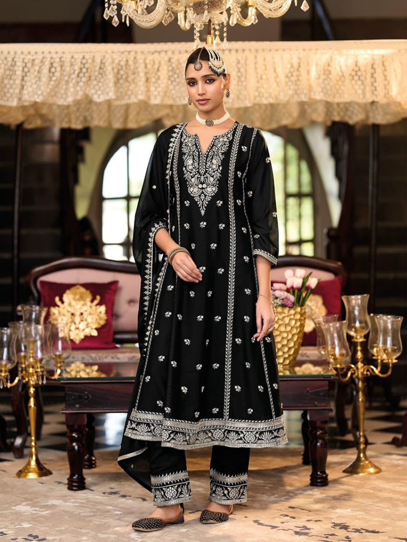 Authentic Festive Black Chinnon Silk Aanarkali Suit