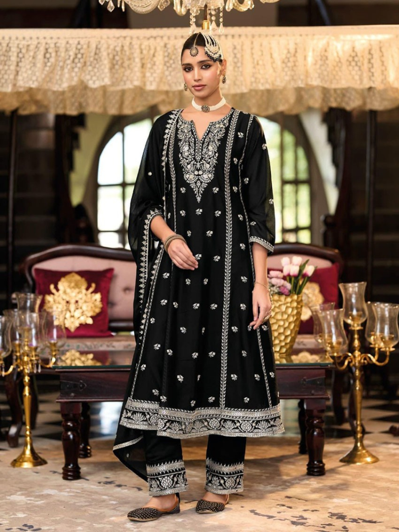 Elegant Traditional Black Chinnon Embroidered Straight Suit