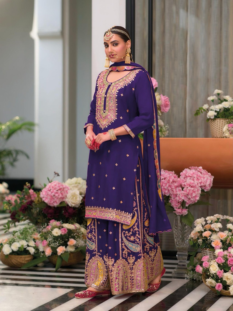Traditional Ethnic Purple Chinnon Silk Plazo Suit