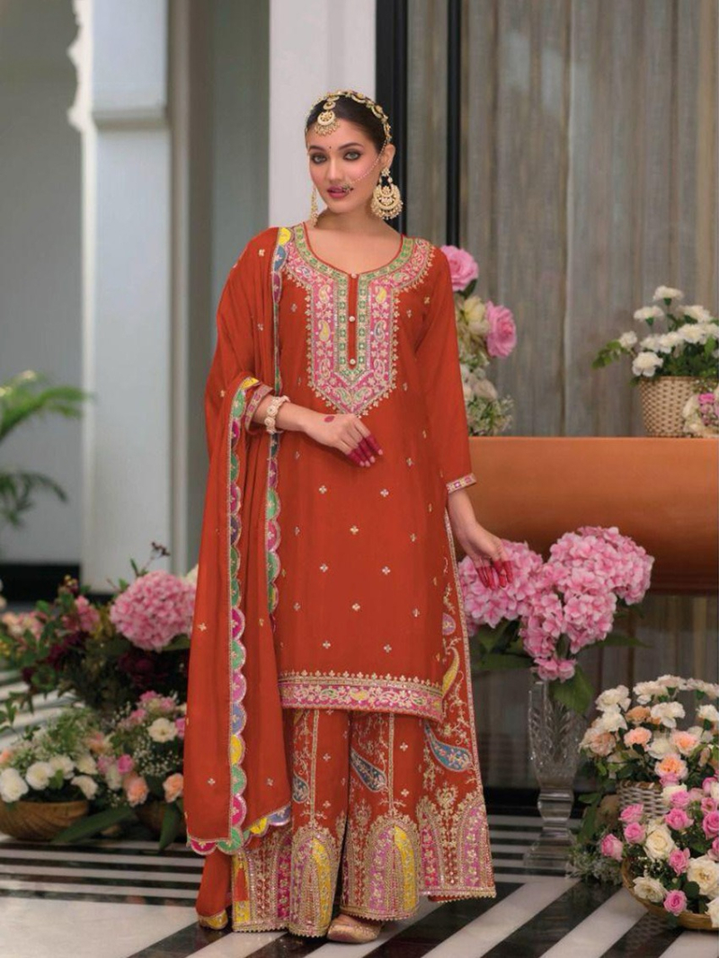 Ethnic Elegant Festive Burnt Orange Chinnon Silk Plazo Suit
