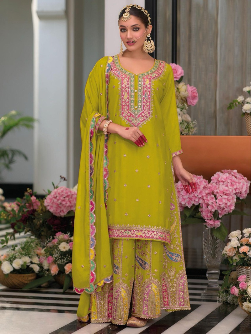 Elegant Ethnic Festive Lime Green Chinnon Silk Anarakali Suit