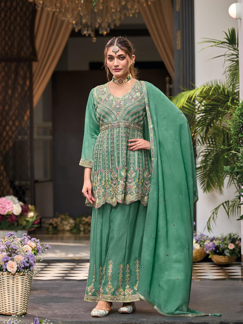 Elegant Ethnic Pastel Green Embroidered Chinnon Plazo Suit