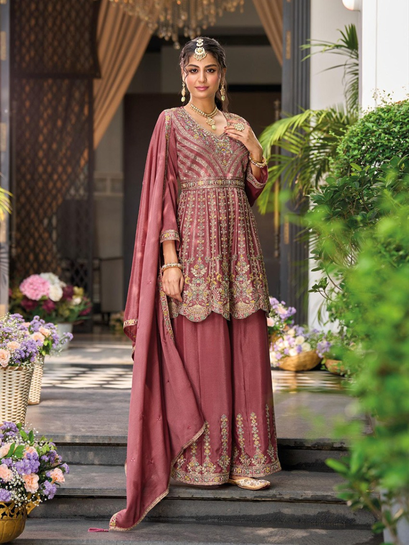 Authentic Ethnic Dusty Rose Pink Embroidered Chinnon Plazo Suit
