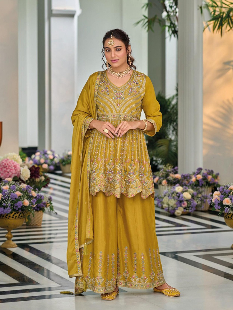 Ethnic Traditional Mustard Yellow Embroidered Chinnon Plazo Suit