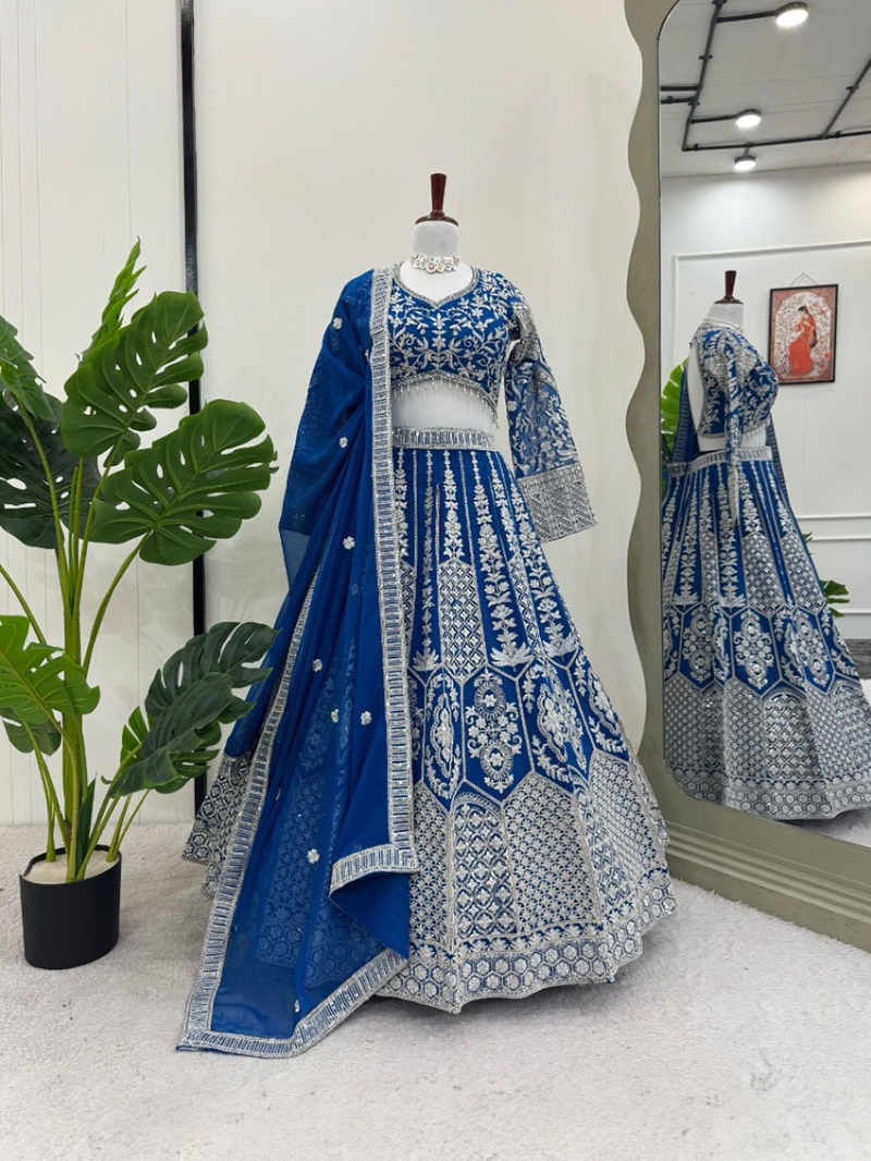 Designer Traditional Royal Blue Faux Georgette lehanga Suit