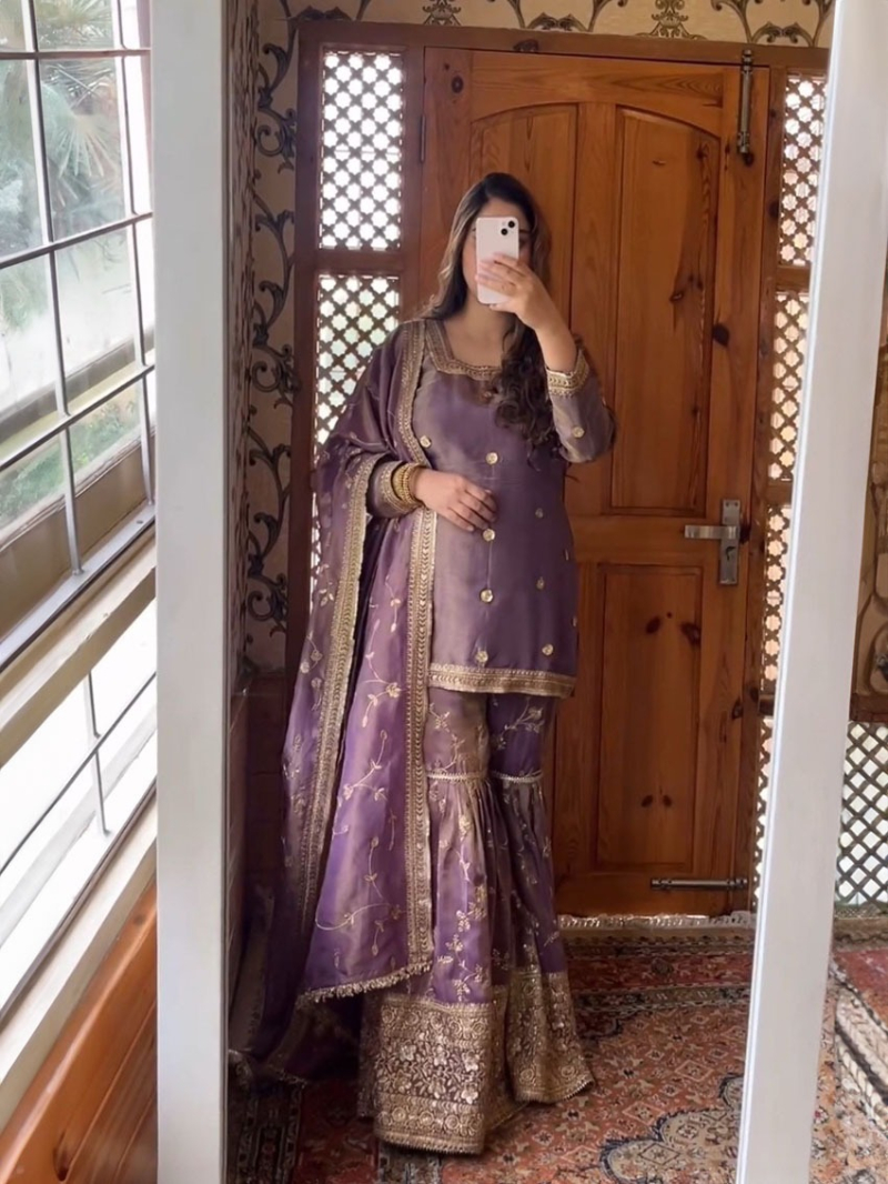 Ethnic Elegant Lavender Embroidered Chinnon Sharara Suit