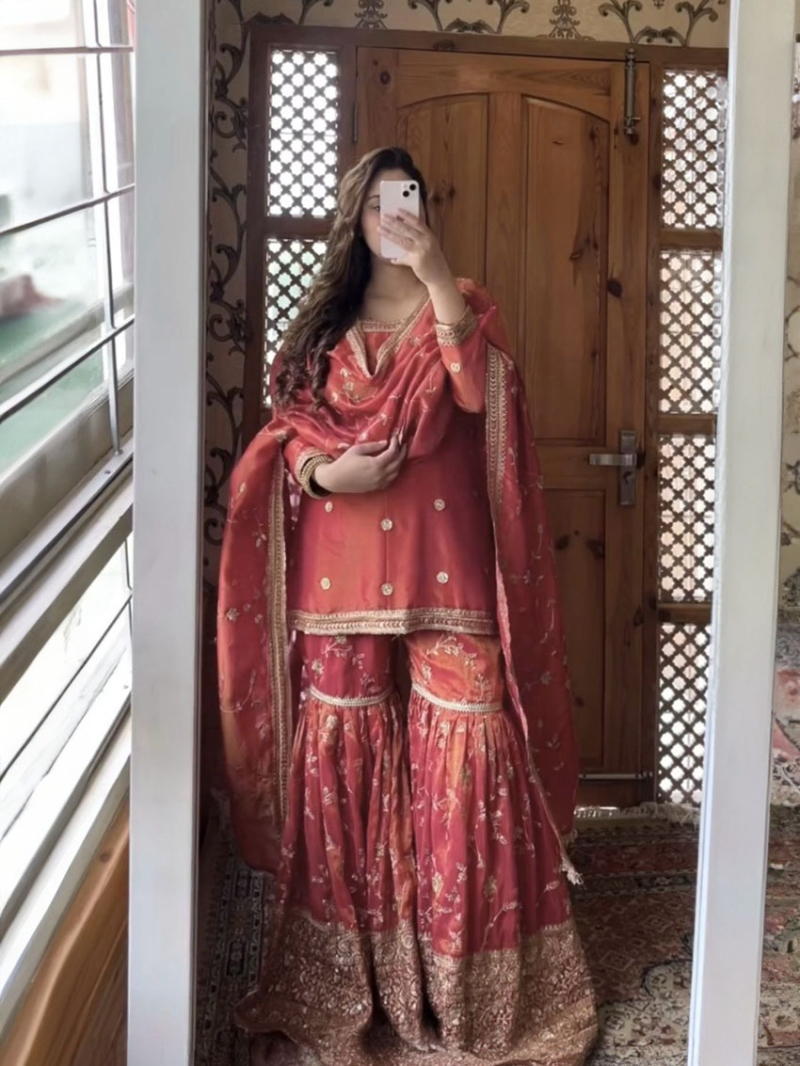 Ethnic Traditional Rust Orange Chinnon Silk Sharara Suit