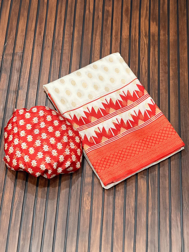 Traditional Festive  Cream and Red Kadi Crepe Georgette Saree