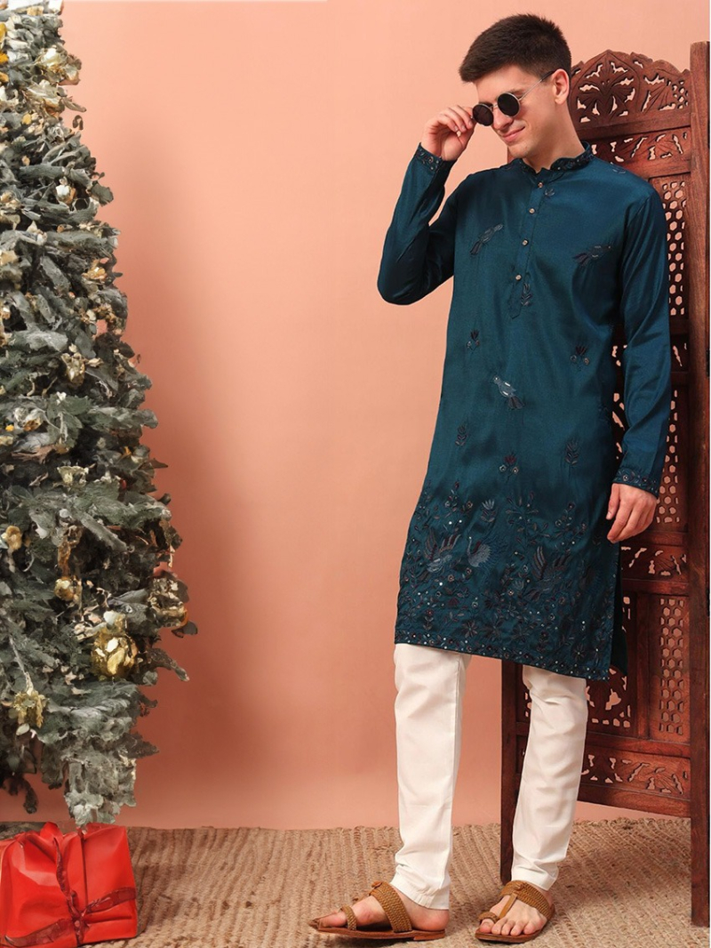 Elegant Ethnic Teal Blue Embroidered Silk Kurta Pajama Set