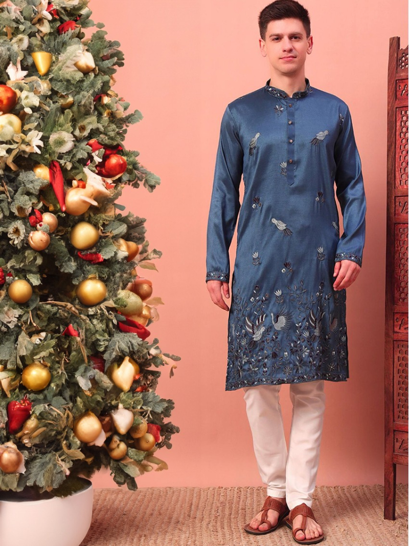 Elegant Ethnic Steel Blue Embroidered Silk Kurta Pajama Set