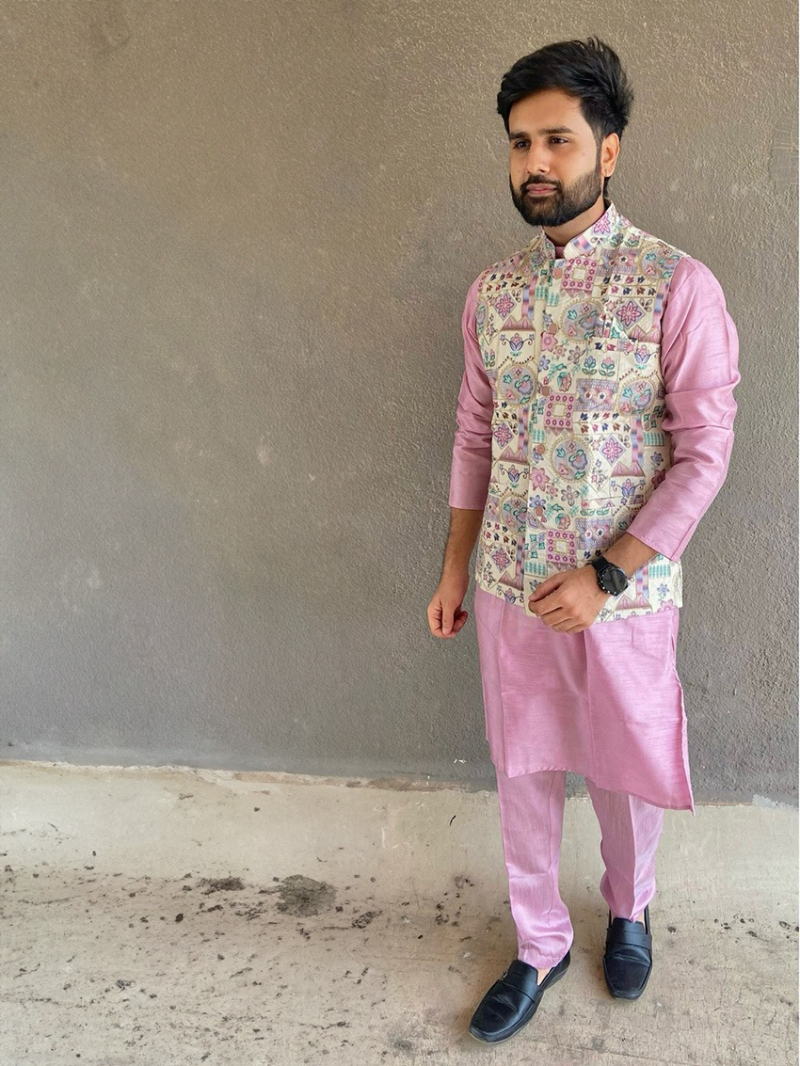 Ethnic Traditional Pastel Pink Bangalori Silk Kurta Pajama Set
