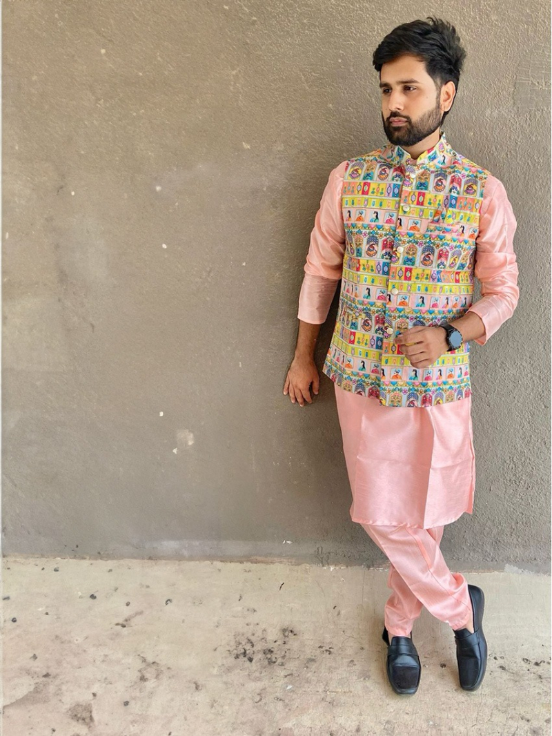 Traditional Ethnic Peach Banglore Silk Kurta Pajama Set
