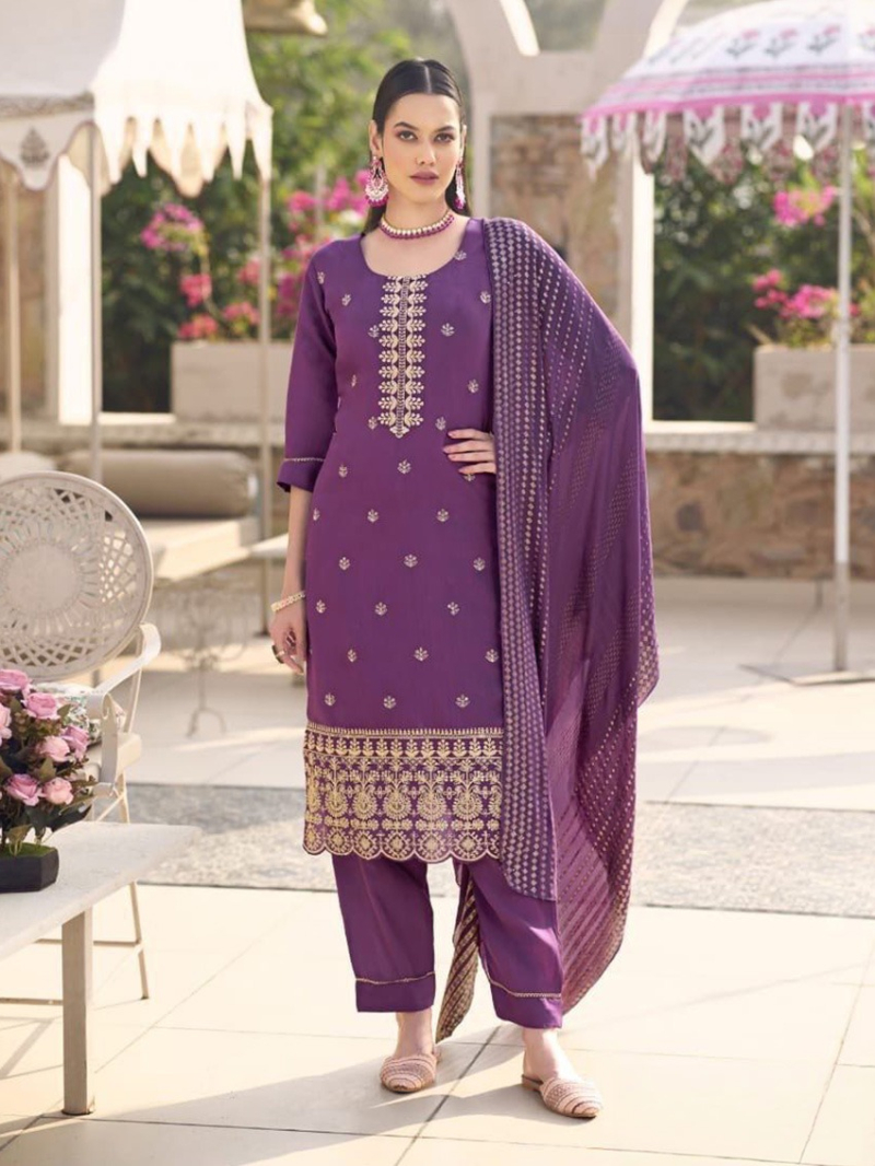 Traditional Ethnic Designer Purple Roman Silk Straight Suit  