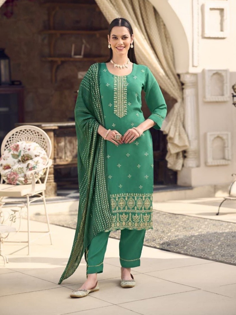 Traditional Elegant Designer Light Green Roman Silk Straight Suit