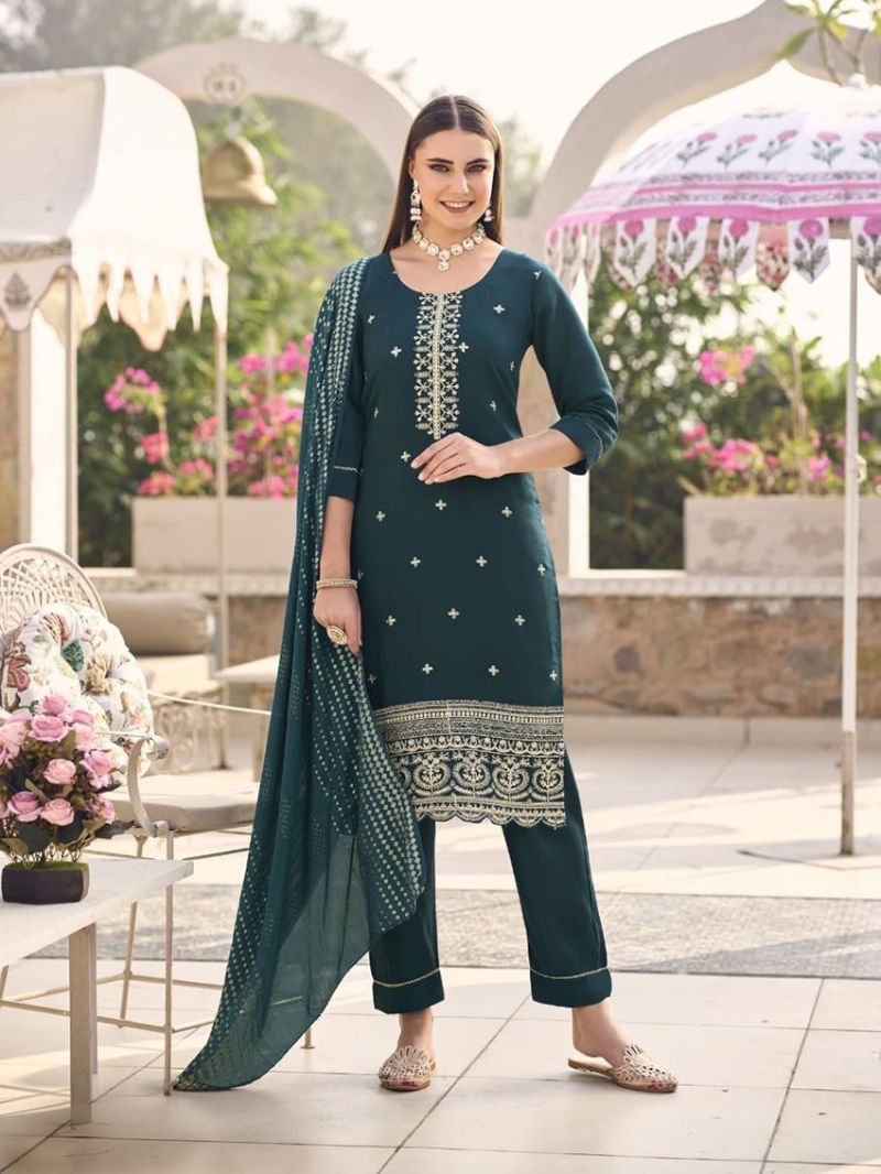 Ethnic Traditional Dark Green Roman Silk Straight Suit