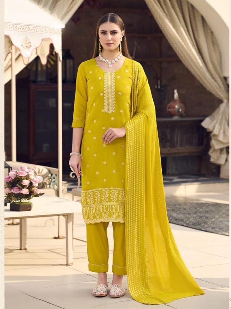 Ethnic Traditional Lime Green Roman Silk Straight Suit