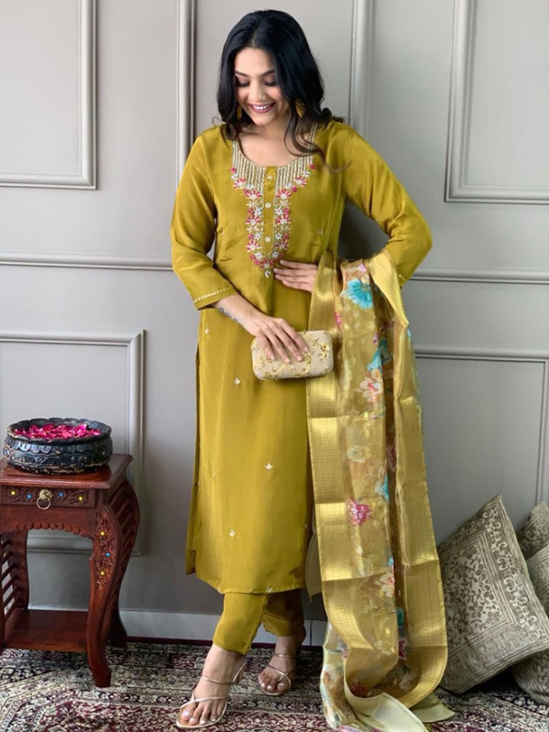 Elegant Ethnic Mehandi Green  Roman Silk Straight Suit