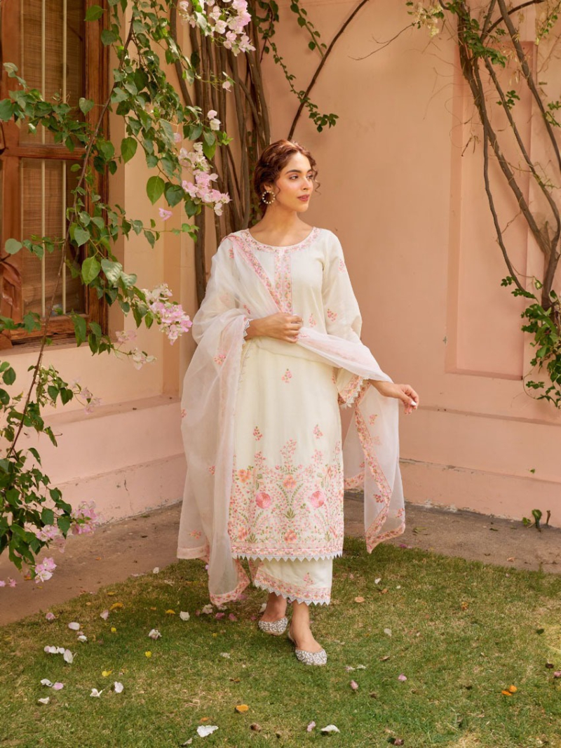 Elegant Ivory White Pink Embroidery Chanderi Silk Plazo Suit