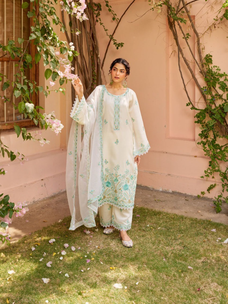 Ethnic Traditional Ivory White Blue Embroidery Chanderi Silk Plazo Suit