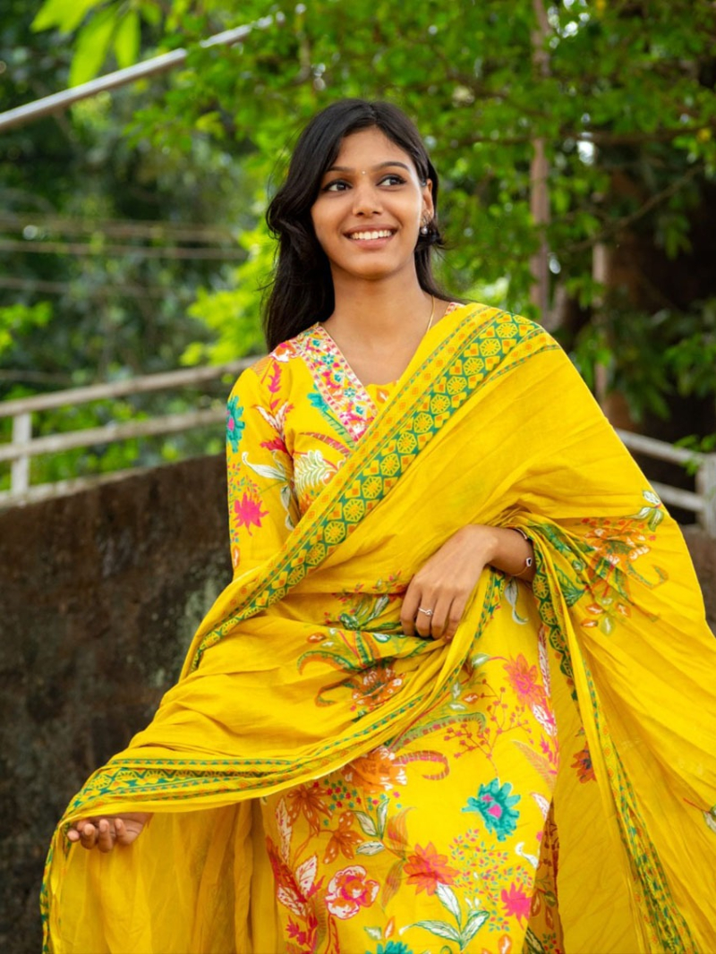 Festive Casual Traditional Yellow Cotton Straight Suit