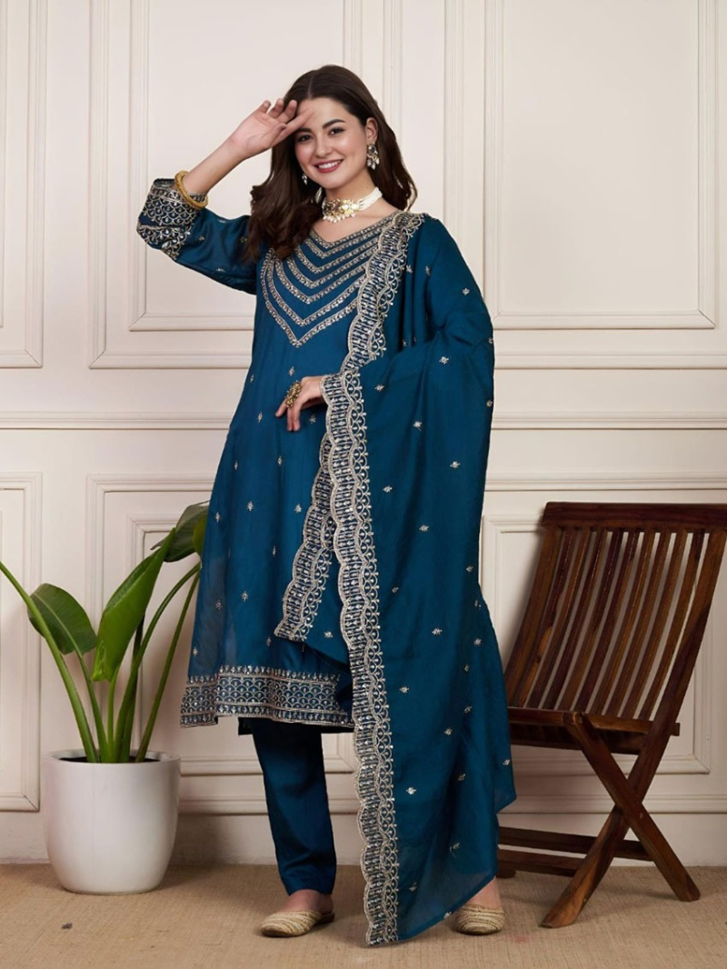Elegant Traditional Teal Blue Chanderi Silk Straight Suit