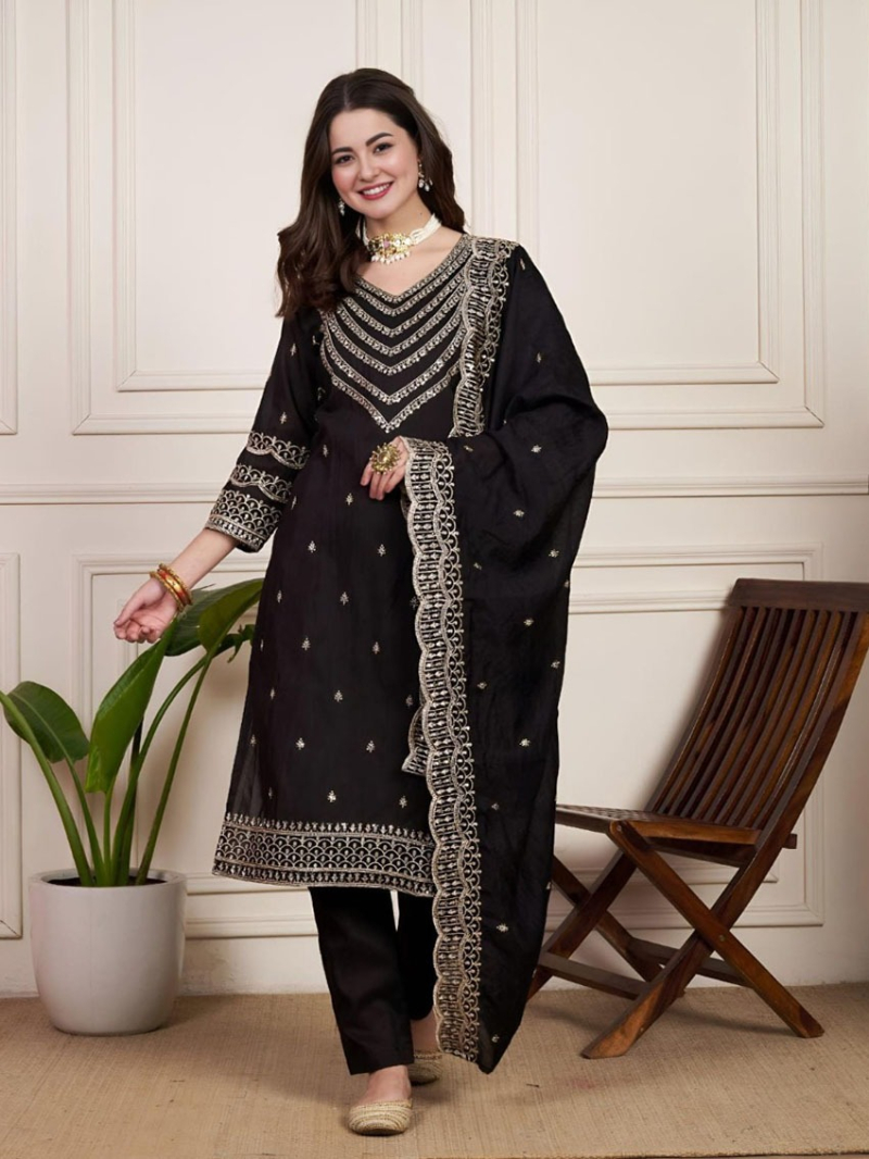 Traditional Ethnic Black Chanderi Silk Straight Suit