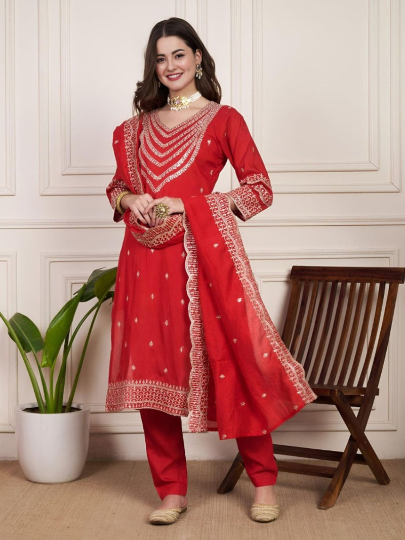 Traditional Elegant Red Chanderi Silk Straight Suit