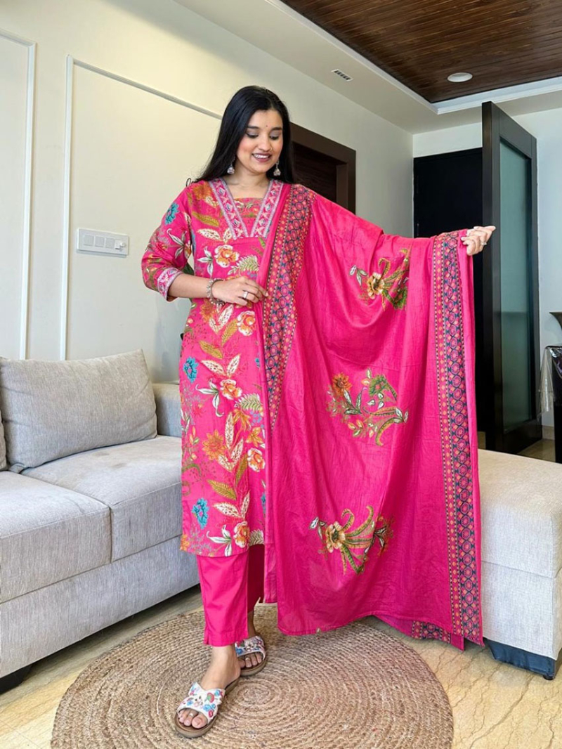 Ethnic Traditional Bright Pink with Multicolor Cotton Straight Suit