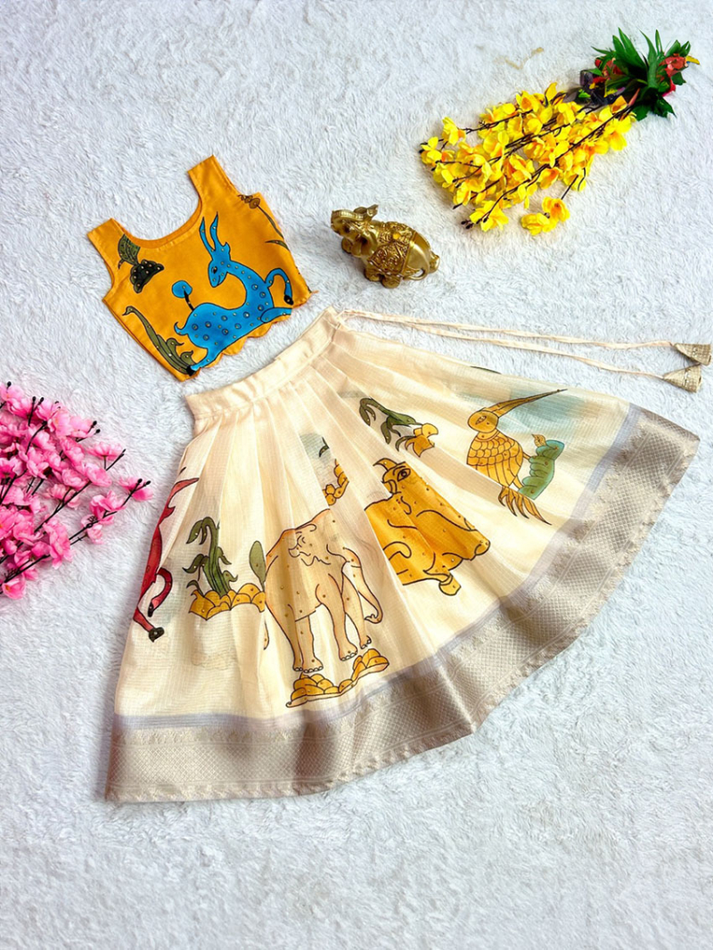 Traditional Festive Off-White and Mustard Lehanga Suit