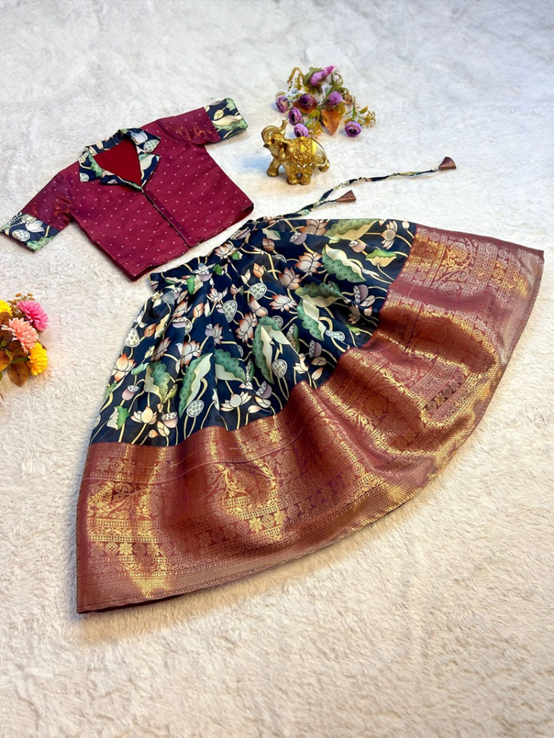 Designer Traditional Maroon & Navy Blue Zari Silk Lehanga Suit